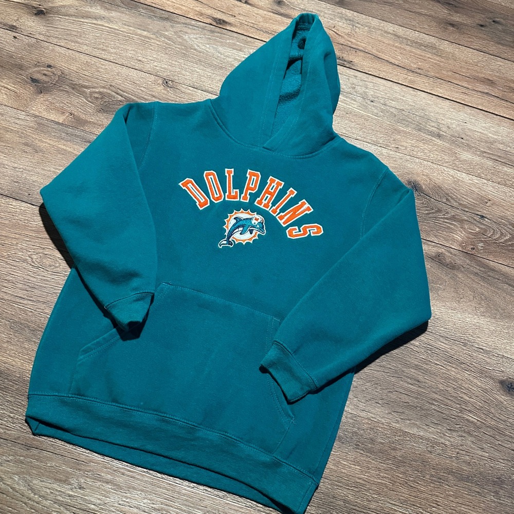NFL Miami Dolphins Aqua Orange Embroidered Logo Fleece Hoodie Kids Medium